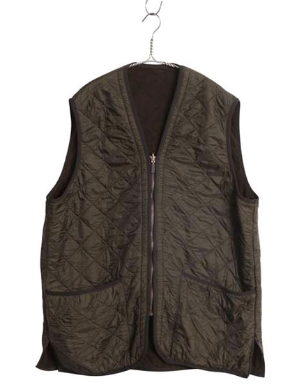 バブアー 中綿 ナイロン キルティング ベスト メンズ L / 古着 3ワラント フルジップ 裏 フリース ライナー 重ね着 前開き 無地 オリーブ