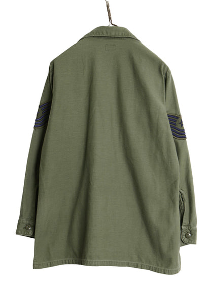 70s 米軍実物 US ARMY コットン サテン ユーティリティ シャツ M / 75年製 ヴィンテージ OG107 シャツ袖 4th 軍物 ミリタリー ワッペン付き