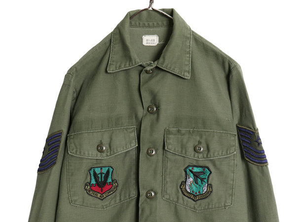 70s 米軍実物 US ARMY コットン サテン ユーティリティ シャツ M / 75年製 ヴィンテージ OG107 シャツ袖 4th 軍物 ミリタリー ワッペン付き
