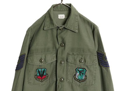 70s 米軍実物 US ARMY コットン サテン ユーティリティ シャツ M / 75年製 ヴィンテージ OG107 シャツ袖 4th 軍物 ミリタリー ワッペン付き