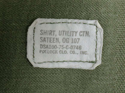 70s 米軍実物 US ARMY コットン サテン ユーティリティ シャツ M / 75年製 ヴィンテージ OG107 シャツ袖 4th 軍物 ミリタリー ワッペン付き