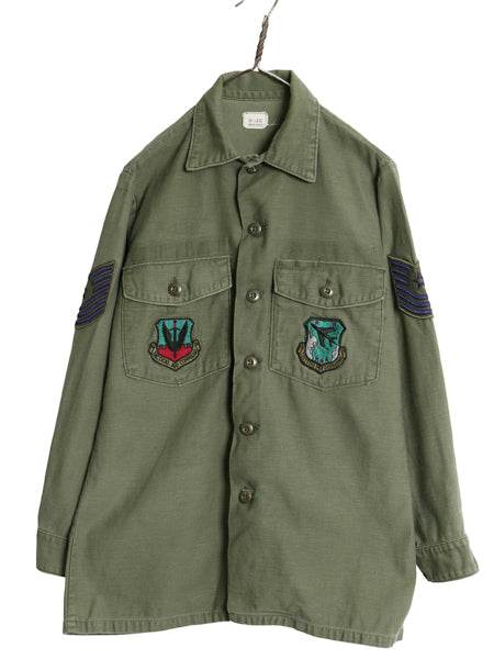 70s 米軍実物 US ARMY コットン サテン ユーティリティ シャツ M / 75年製 ヴィンテージ OG107 シャツ袖 4th 軍物 ミリタリー ワッペン付き