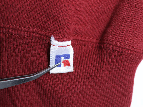 90s USA製 ラッセル 2段 カレッジ 刺繍 スウェット メンズ レディース M 古着 オールド トレーナー 裏起毛 前V クルーネック バーガンディ