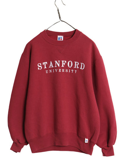 90s USA製 ラッセル 2段 カレッジ 刺繍 スウェット メンズ レディース M 古着 オールド トレーナー 裏起毛 前V クルーネック バーガンディ