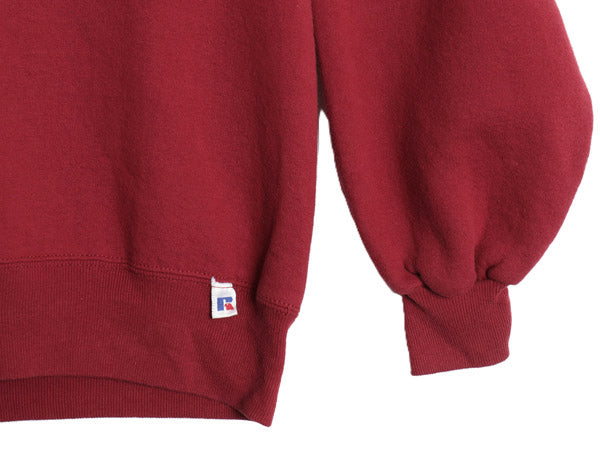 90s USA製 ラッセル 2段 カレッジ 刺繍 スウェット メンズ レディース M 古着 オールド トレーナー 裏起毛 前V クルーネック バーガンディ