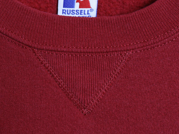 90s USA製 ラッセル 2段 カレッジ 刺繍 スウェット メンズ レディース M 古着 オールド トレーナー 裏起毛 前V クルーネック バーガンディ