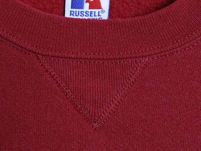 90s USA製 ラッセル 2段 カレッジ 刺繍 スウェット メンズ レディース M 古着 オールド トレーナー 裏起毛 前V クルーネック バーガンディ