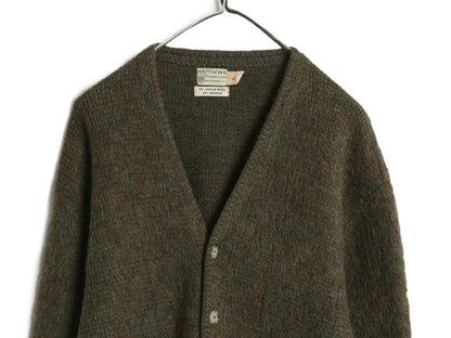 60s ★ モヘア ニット カーディガン メンズ L / ヴィンテージ ウール セーター 毛足 シャギー 前開き 羽織り ポケット付き 無地 オリーブ