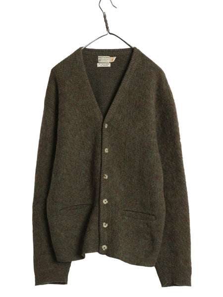60s ★ モヘア ニット カーディガン メンズ L / ヴィンテージ ウール セーター 毛足 シャギー 前開き 羽織り ポケット付き 無地 オリーブ