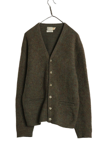 60s ★ モヘア ニット カーディガン メンズ L / ヴィンテージ ウール セーター 毛足 シャギー 前開き 羽織り ポケット付き 無地 オリーブ