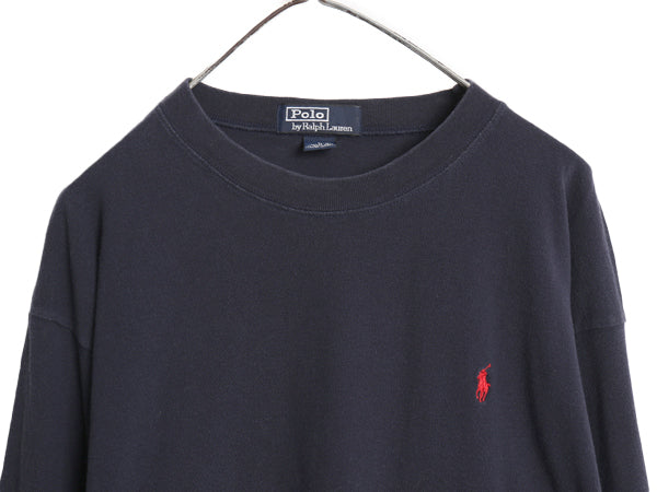90s ポロ ラルフローレン 鹿の子 長袖 Tシャツ メンズ L 古着 オールド ロンT ロングスリーブ コットン ワンポイント カットソー ネイビー
