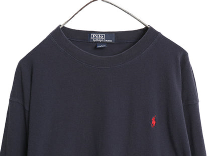 90s ポロ ラルフローレン 鹿の子 長袖 Tシャツ メンズ L 古着 オールド ロンT ロングスリーブ コットン ワンポイント カットソー ネイビー