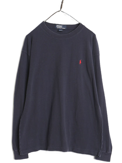 90s ポロ ラルフローレン 鹿の子 長袖 Tシャツ メンズ L 古着 オールド ロンT ロングスリーブ コットン ワンポイント カットソー ネイビー