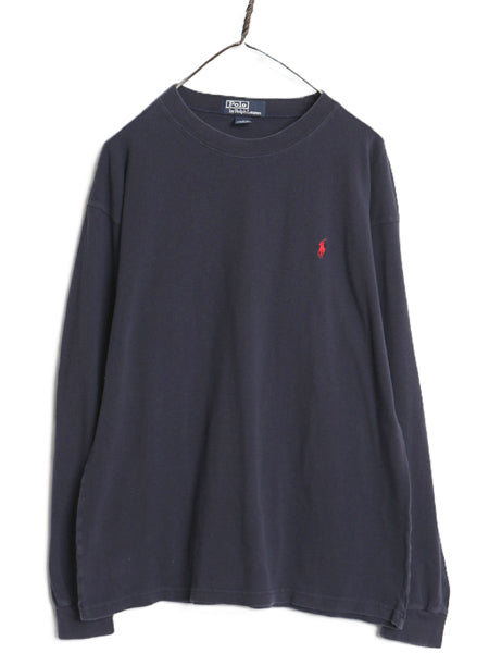 90s ポロ ラルフローレン 鹿の子 長袖 Tシャツ メンズ L 古着 オールド ロンT ロングスリーブ コットン ワンポイント カットソー ネイビー