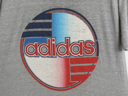 80s USA製 アディダス ロゴ プリント Tシャツ メンズ L 小さめ M / ヴィンテージ グラフィック 3ライン シングルステッチ カットソー 杢灰