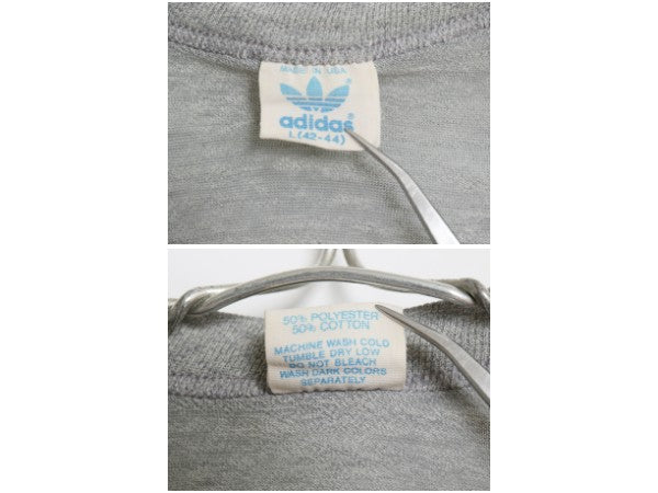 80s USA製 アディダス ロゴ プリント Tシャツ メンズ L 小さめ M / ヴィンテージ グラフィック 3ライン シングルステッチ カットソー 杢灰