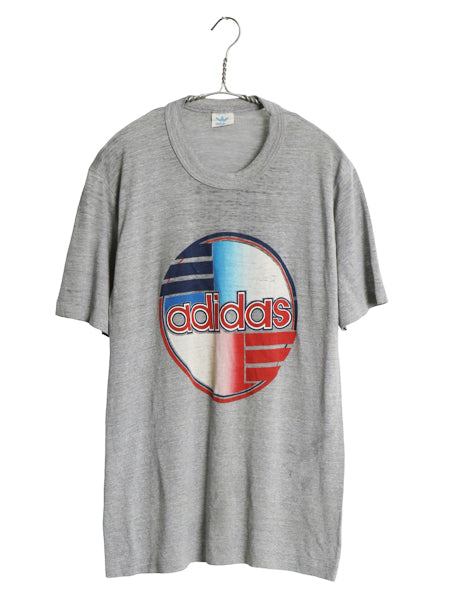 80s USA製 アディダス ロゴ プリント Tシャツ メンズ L 小さめ M / ヴィンテージ グラフィック 3ライン シングルステッチ カットソー 杢灰