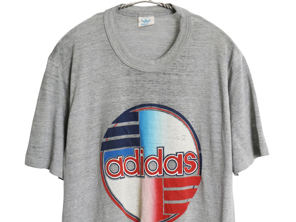 80s USA製 アディダス ロゴ プリント Tシャツ メンズ L 小さめ M / ヴィンテージ グラフィック 3ライン シングルステッチ カットソー 杢灰