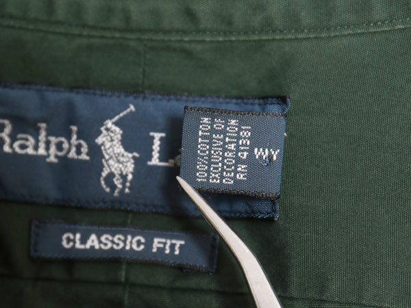 00s ラルフローレン 長袖 ボタンダウン シャツ メンズ M オールド ポロ CLASSIC FIT コットン ワンポイント ポニー 刺繍 BD ダークグリーン