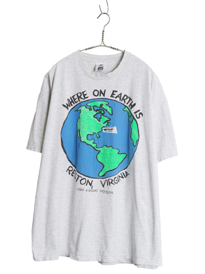 90s USA製 企業 アート メッセージ イラスト プリント Tシャツ メンズ XXL / オールド グラフィック ヘビーウェイト 地球 大きいサイズ 灰