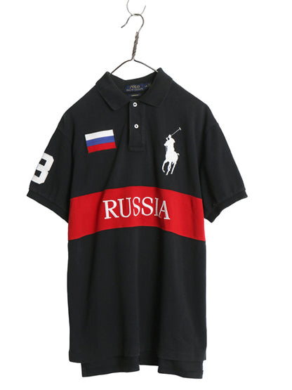 ビッグポニー ポロ ラルフローレン 鹿の子 半袖 ポロシャツ メンズ L 半袖シャツ コットン ナンバリング ロシア代表 国旗 スリム ブラック