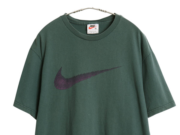 90's USA製 ナイキ ビッグ スウッシュ プリント Tシャツ メンズ M オールド ヘビーウェイト ロゴ グラフィック アート カットソー グリーン