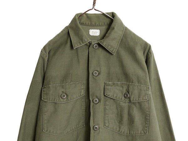 70s 米軍実物 US ARMY コットン サテン ユーティリティ シャツ L 74年製 ヴィンテージ OG107 シャツ袖 4th 軍物 ミリタリー 無地 オリーブ