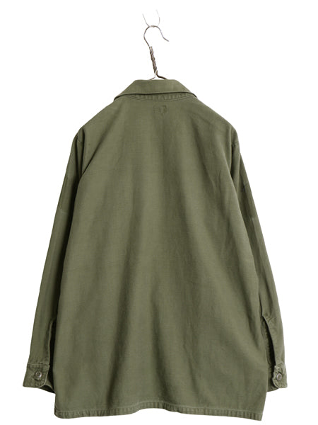 70s 米軍実物 US ARMY コットン サテン ユーティリティ シャツ L 74年製 ヴィンテージ OG107 シャツ袖 4th 軍物 ミリタリー 無地 オリーブ