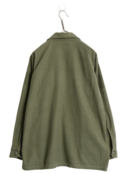 70s 米軍実物 US ARMY コットン サテン ユーティリティ シャツ L 74年製 ヴィンテージ OG107 シャツ袖 4th 軍物 ミリタリー 無地 オリーブ