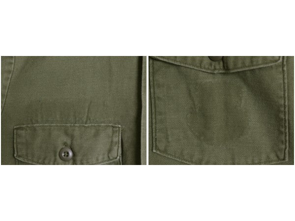 70s 米軍実物 US ARMY コットン サテン ユーティリティ シャツ L 74年製 ヴィンテージ OG107 シャツ袖 4th 軍物 ミリタリー 無地 オリーブ