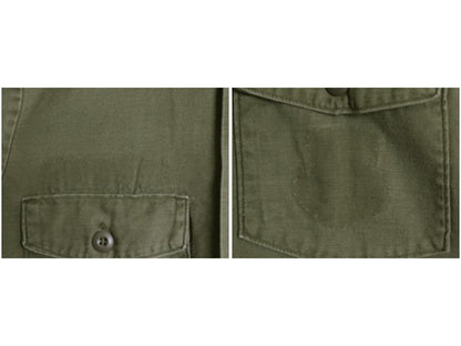 70s 米軍実物 US ARMY コットン サテン ユーティリティ シャツ L 74年製 ヴィンテージ OG107 シャツ袖 4th 軍物 ミリタリー 無地 オリーブ