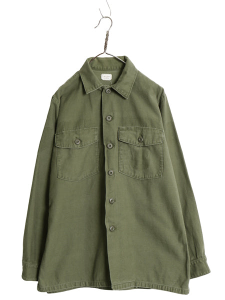 70s 米軍実物 US ARMY コットン サテン ユーティリティ シャツ L 74年製 ヴィンテージ OG107 シャツ袖 4th 軍物 ミリタリー 無地 オリーブ