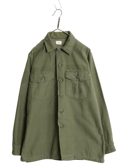 70s 米軍実物 US ARMY コットン サテン ユーティリティ シャツ L 74年製 ヴィンテージ OG107 シャツ袖 4th 軍物 ミリタリー 無地 オリーブ