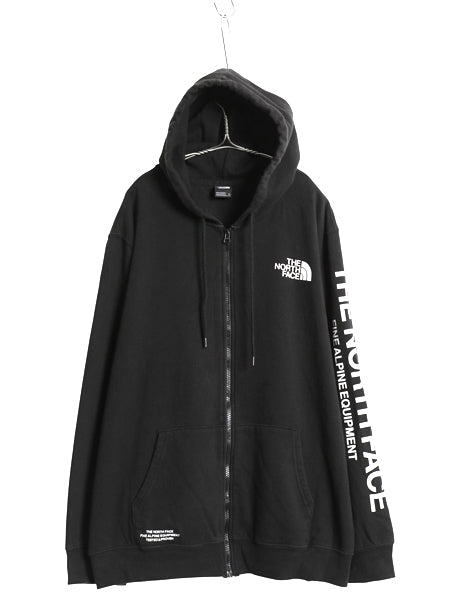 ノースフェイス フルジップ プリント スウェット フード パーカー メンズ XXL / アウトドア トレーナー 袖プリント 裏起毛 大きいサイズ 黒