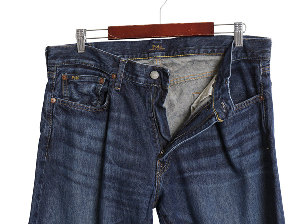 ポロ ラルフローレン デニム パンツ メンズ 34 32 / ヴィンテージ 加工 ジーンズ ジーパン ストレート 革パッチ ボトムス ヒゲ アタリ 濃紺