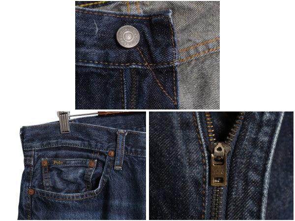 ポロ ラルフローレン デニム パンツ メンズ 34 32 / ヴィンテージ 加工 ジーンズ ジーパン ストレート 革パッチ ボトムス ヒゲ アタリ 濃紺
