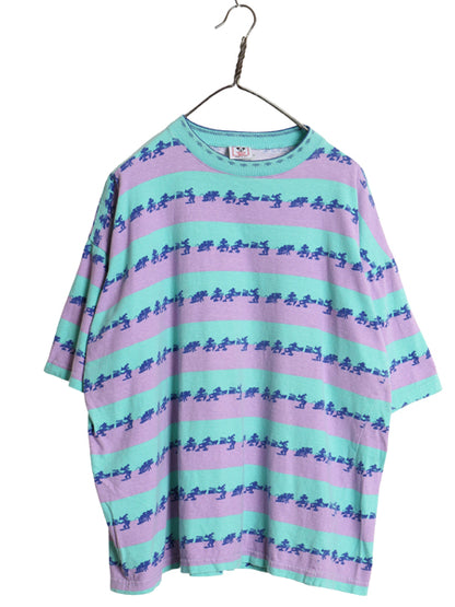 90s USA製 ディズニー キャラクター オールオーバー  Tシャツ メンズ レディース M / 当時物 オールド ミッキー ミニー 映画 ボーダー 総柄