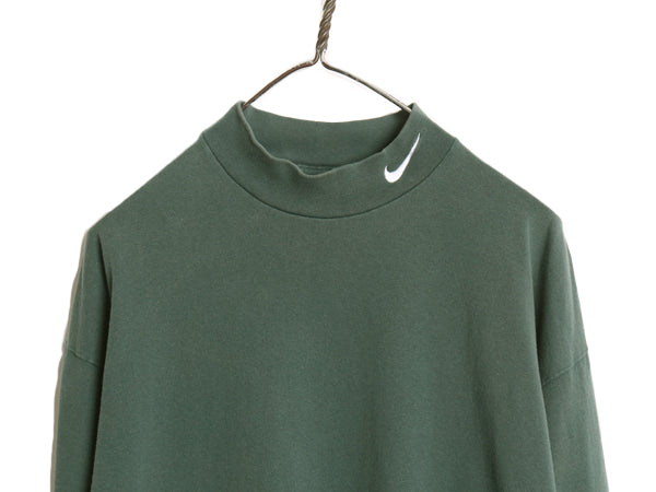 90s USA製 ナイキ モックネック 長袖 Tシャツ メンズ L / オールド ロンT ヘビーウェイト ロングTシャツ ロゴT スウッシュ ワンポイント 緑