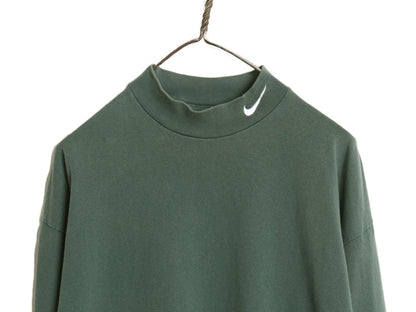 90s USA製 ナイキ モックネック 長袖 Tシャツ メンズ L / オールド ロンT ヘビーウェイト ロングTシャツ ロゴT スウッシュ ワンポイント 緑