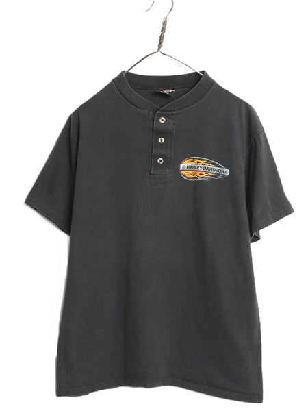 00s USA製 ハーレーダビッドソン 両面 プリント 半袖 Tシャツ メンズ M オールド ヘンリーネック ファイヤー パターン シングルステッチ 黒
