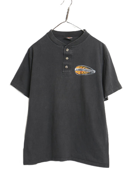 00s USA製 ハーレーダビッドソン 両面 プリント 半袖 Tシャツ メンズ M オールド ヘンリーネック ファイヤー パターン シングルステッチ 黒