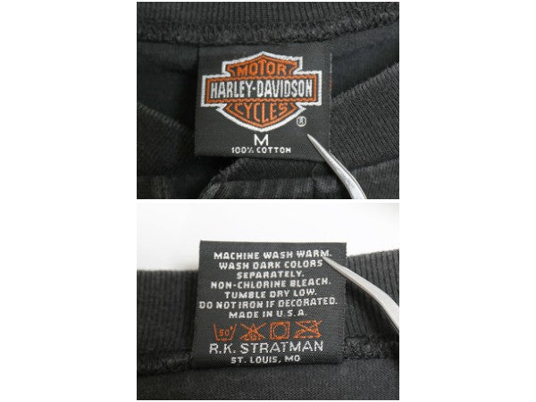 00s USA製 ハーレーダビッドソン 両面 プリント 半袖 Tシャツ メンズ M オールド ヘンリーネック ファイヤー パターン シングルステッチ 黒