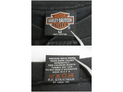 00s USA製 ハーレーダビッドソン 両面 プリント 半袖 Tシャツ メンズ M オールド ヘンリーネック ファイヤー パターン シングルステッチ 黒