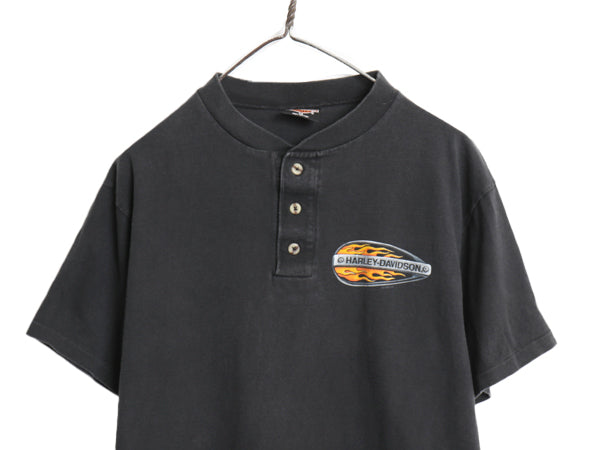 00s USA製 ハーレーダビッドソン 両面 プリント 半袖 Tシャツ メンズ M オールド ヘンリーネック ファイヤー パターン シングルステッチ 黒