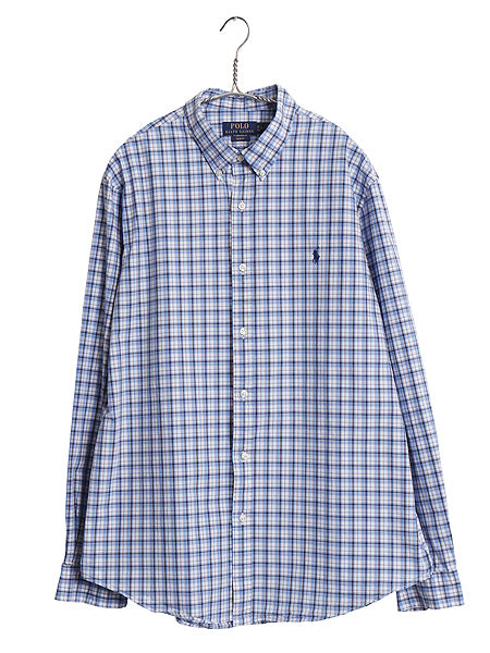 ポロ ラルフローレン チェック 長袖 ボタンダウン シャツ メンズ XL / コットン ストレッチ ワイシャツ スリム 大きいサイズ 細身 ブルー