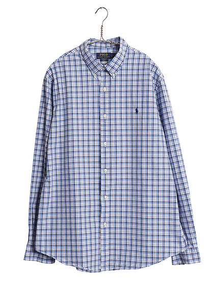 ポロ ラルフローレン チェック 長袖 ボタンダウン シャツ メンズ XL / コットン ストレッチ ワイシャツ スリム 大きいサイズ 細身 ブルー