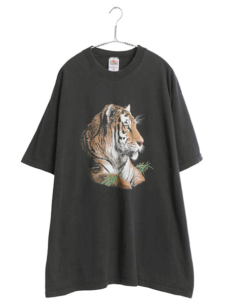 90s USA製 タイガー イラスト プリント 半袖 Tシャツ メンズ レディース XL 古着 オールド アニマル アート キャラクター 大きいサイズ 黒