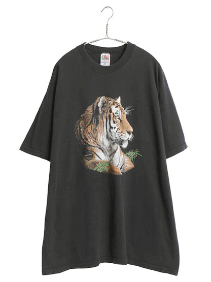 90s USA製 タイガー イラスト プリント 半袖 Tシャツ メンズ レディース XL 古着 オールド アニマル アート キャラクター 大きいサイズ 黒