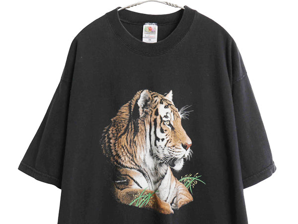 90s USA製 タイガー イラスト プリント 半袖 Tシャツ メンズ レディース XL 古着 オールド アニマル アート キャラクター 大きいサイズ 黒