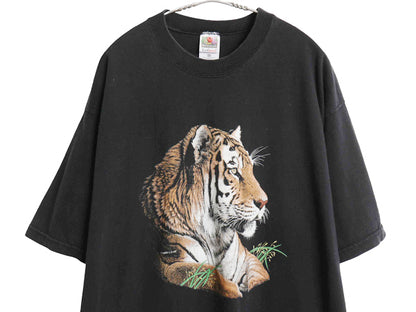 90s USA製 タイガー イラスト プリント 半袖 Tシャツ メンズ レディース XL 古着 オールド アニマル アート キャラクター 大きいサイズ 黒